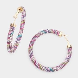 Colorful Stone Detail 2.5" Rhinestone Hoop Crystal Pave Round Bling Accessory